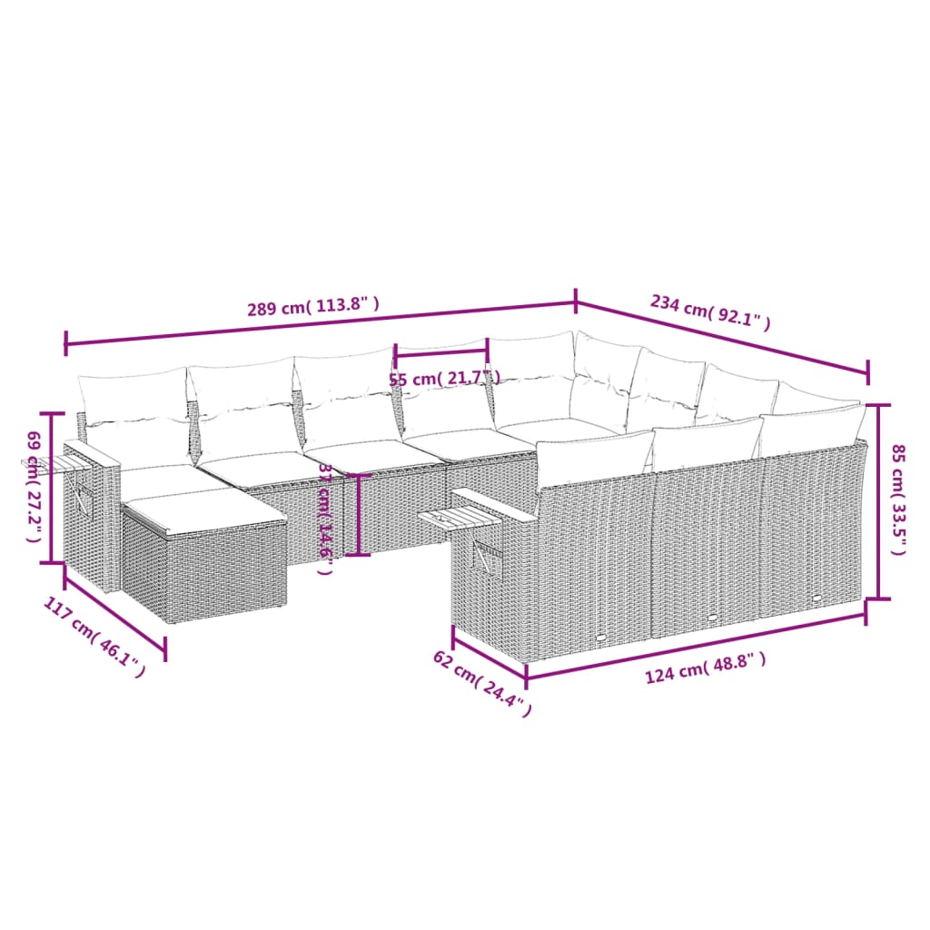 11-tlg. Garten-Sofagarnitur mit Kissen Grau Poly Rattan