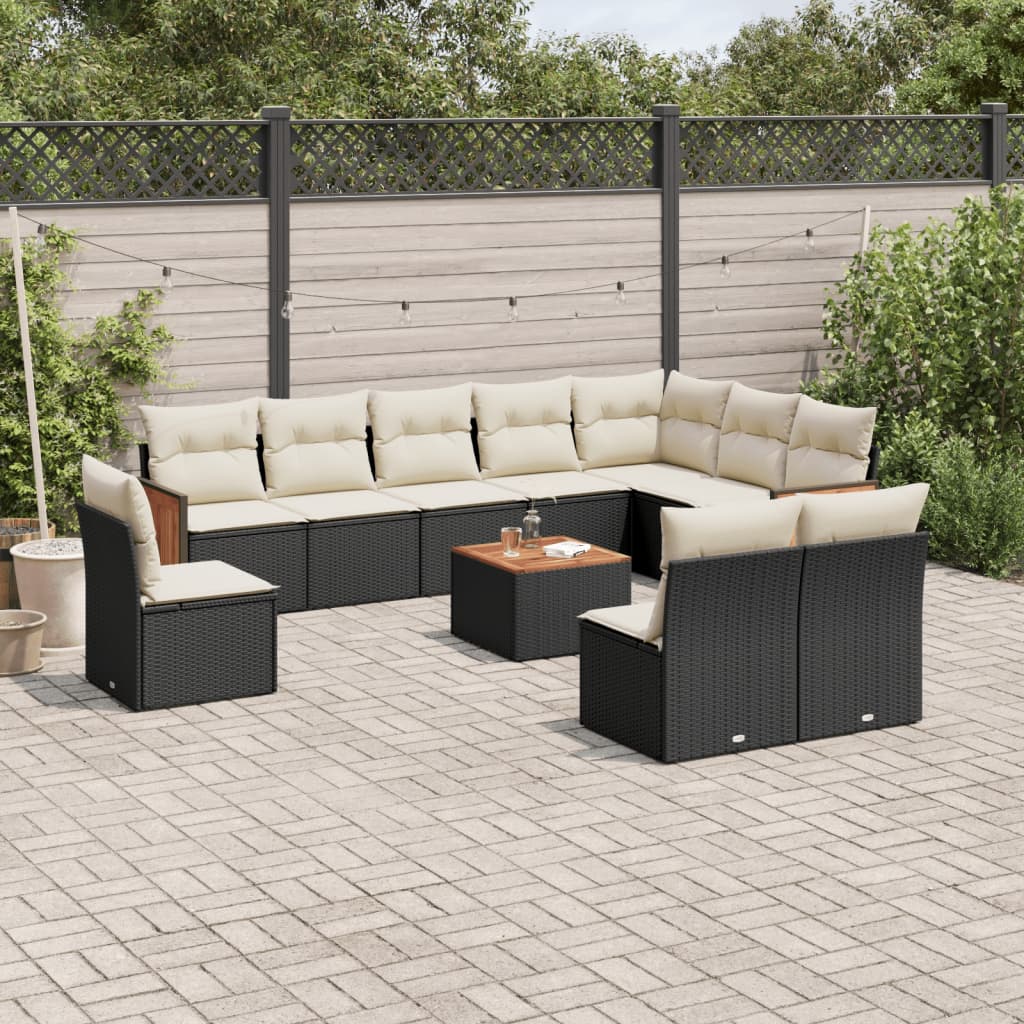 11-tlg. Garten-Sofagarnitur mit Kissen Schwarz Poly Rattan