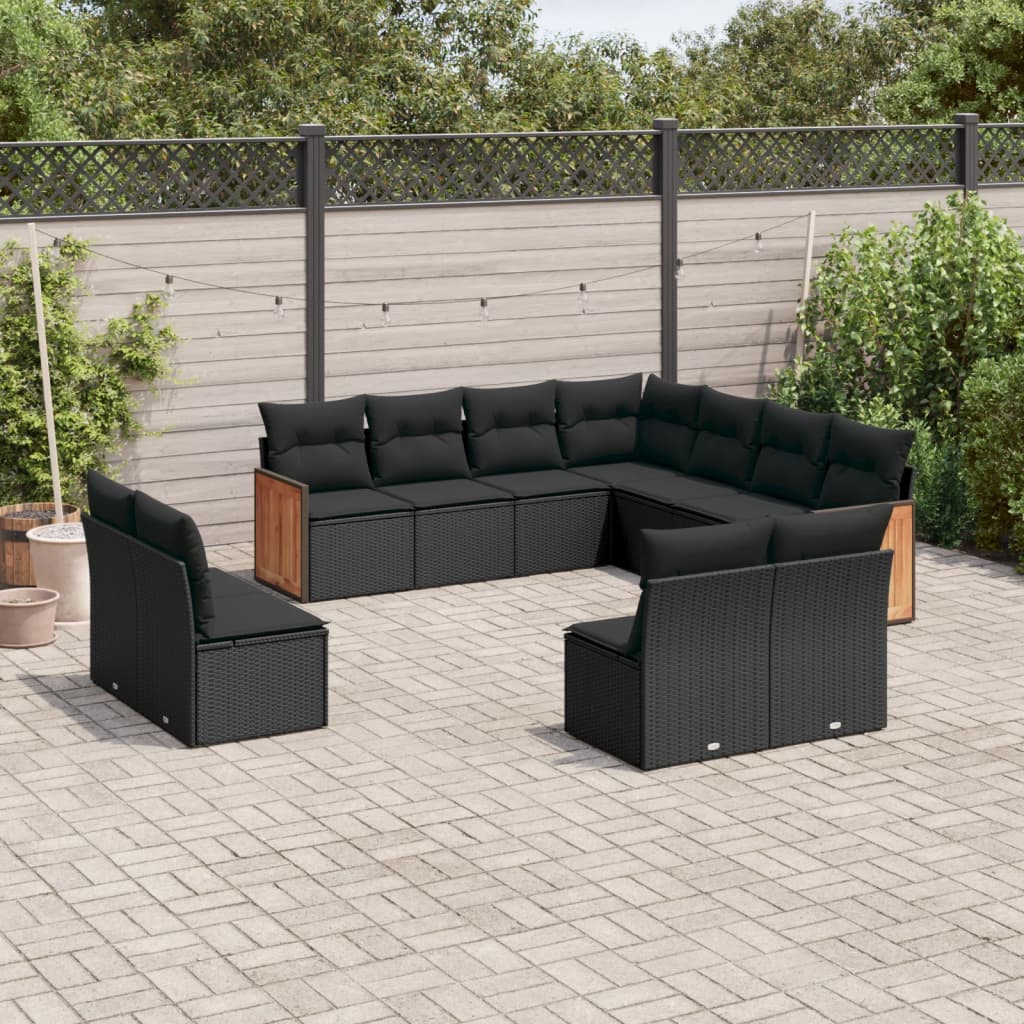 11-tlg. Garten-Sofagarnitur mit Kissen Schwarz Poly Rattan