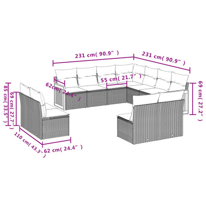 11-tlg. Garten-Sofagarnitur mit Kissen Schwarz Poly Rattan