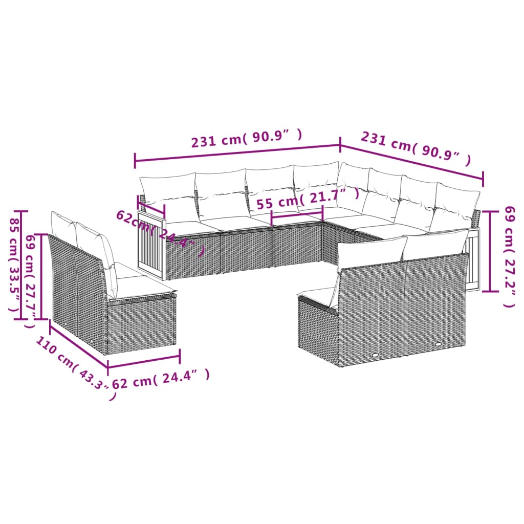 11-tlg. Garten-Sofagarnitur mit Kissen Grau Poly Rattan