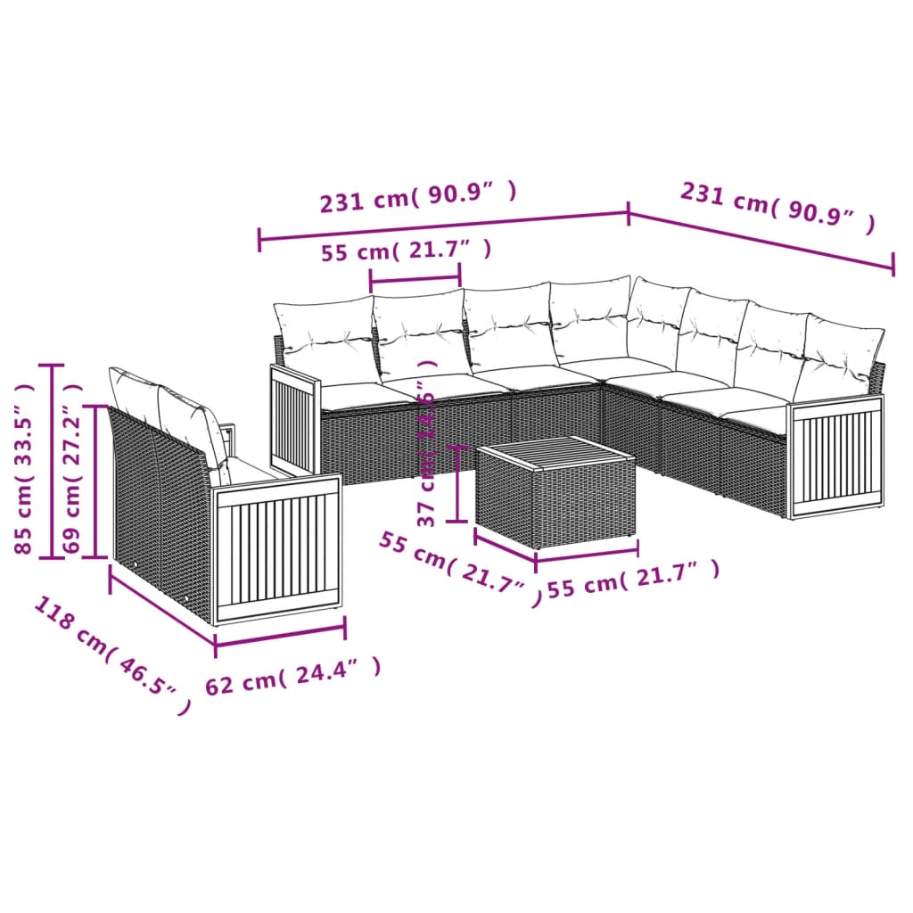 10-tlg. Garten-Sofagarnitur mit Kissen Beige Poly Rattan