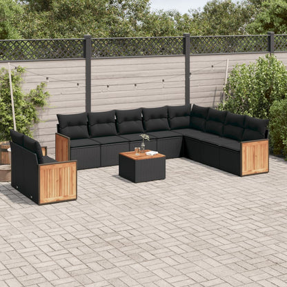 11-tlg. Garten-Sofagarnitur mit Kissen Schwarz Poly Rattan