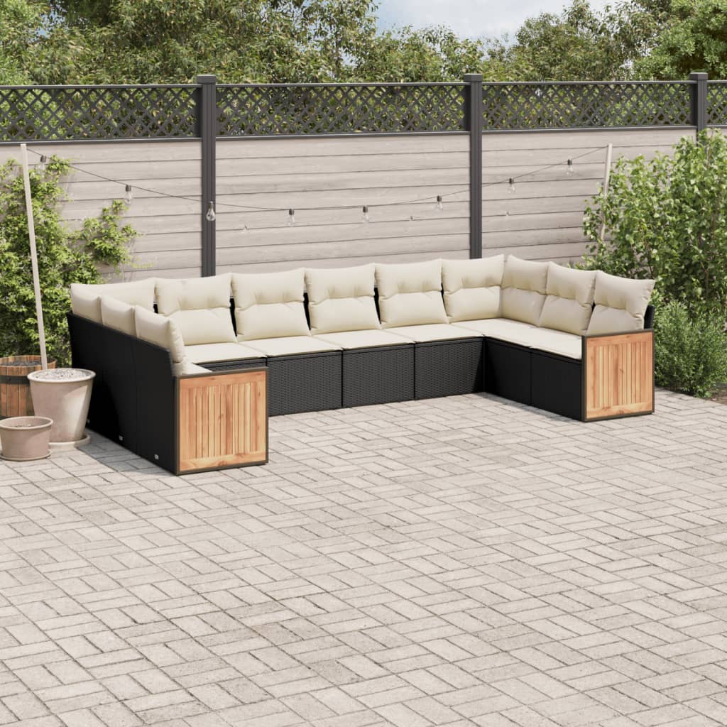 10-tlg. Garten-Sofagarnitur mit Kissen Schwarz Poly Rattan