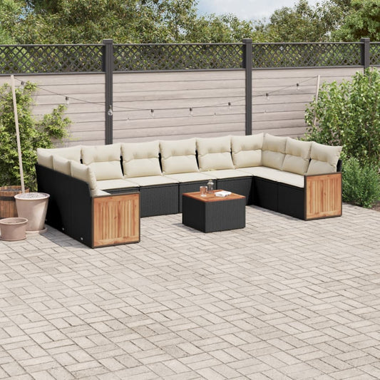 11-tlg. Garten-Sofagarnitur mit Kissen Schwarz Poly Rattan