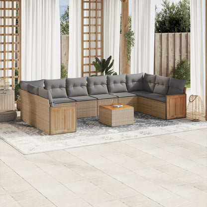 11-tlg. Garten-Sofagarnitur mit Kissen Beige Poly Rattan