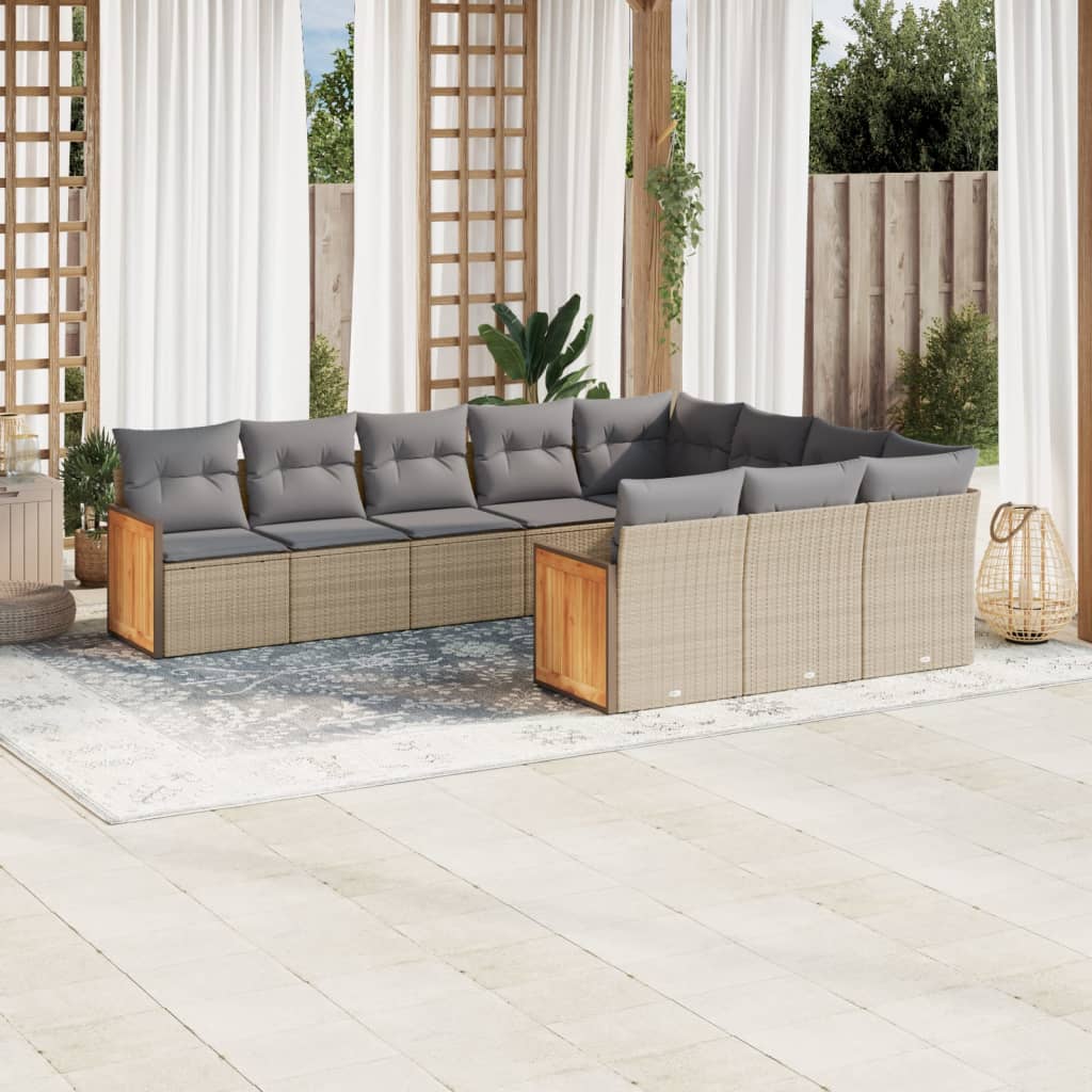 10-tlg. Garten-Sofagarnitur mit Kissen Beige Poly Rattan