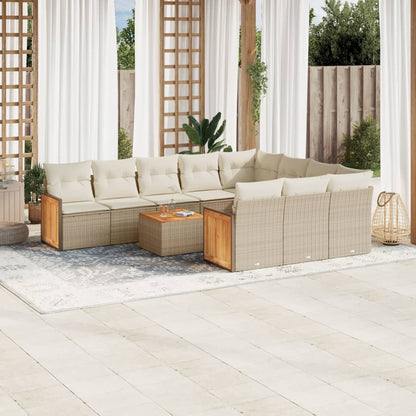 11-tlg. Garten-Sofagarnitur mit Kissen Beige Poly Rattan