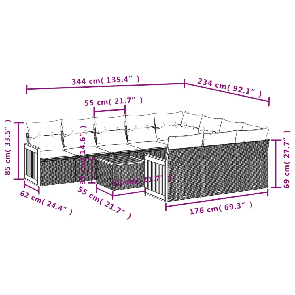 11-tlg. Garten-Sofagarnitur mit Kissen Grau Poly Rattan