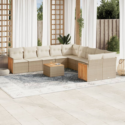 11-tlg. Garten-Sofagarnitur mit Kissen Beige Poly Rattan