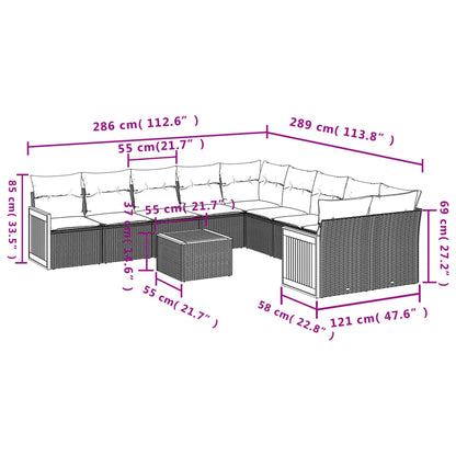 11-tlg. Garten-Sofagarnitur mit Kissen Grau Poly Rattan