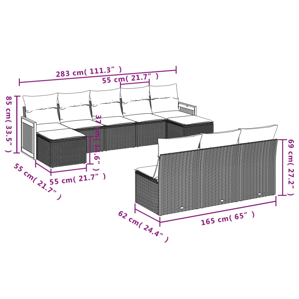 10-tlg. Garten-Sofagarnitur mit Kissen Grau Poly Rattan