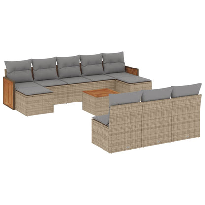 11-tlg. Garten-Sofagarnitur mit Kissen Beige Poly Rattan