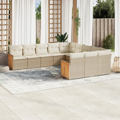 11-tlg. Garten-Sofagarnitur mit Kissen Beige Poly Rattan