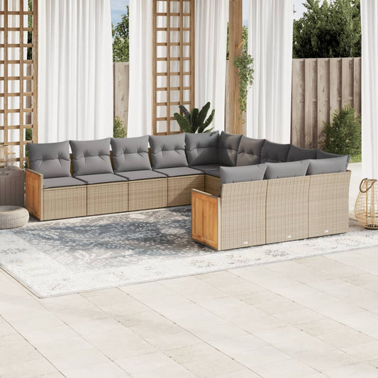 11-tlg. Garten-Sofagarnitur mit Kissen Beige Poly Rattan