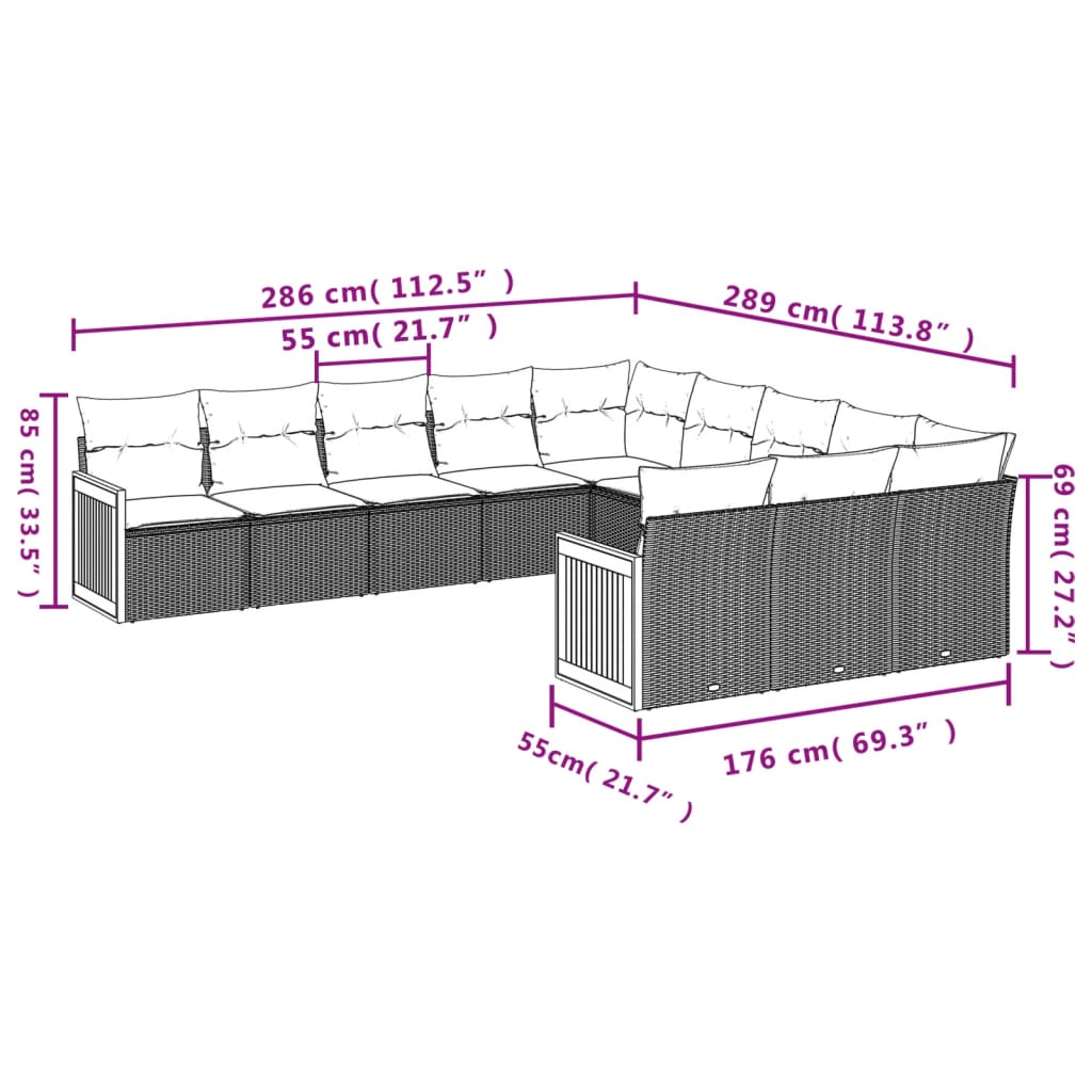 11-tlg. Garten-Sofagarnitur mit Kissen Grau Poly Rattan