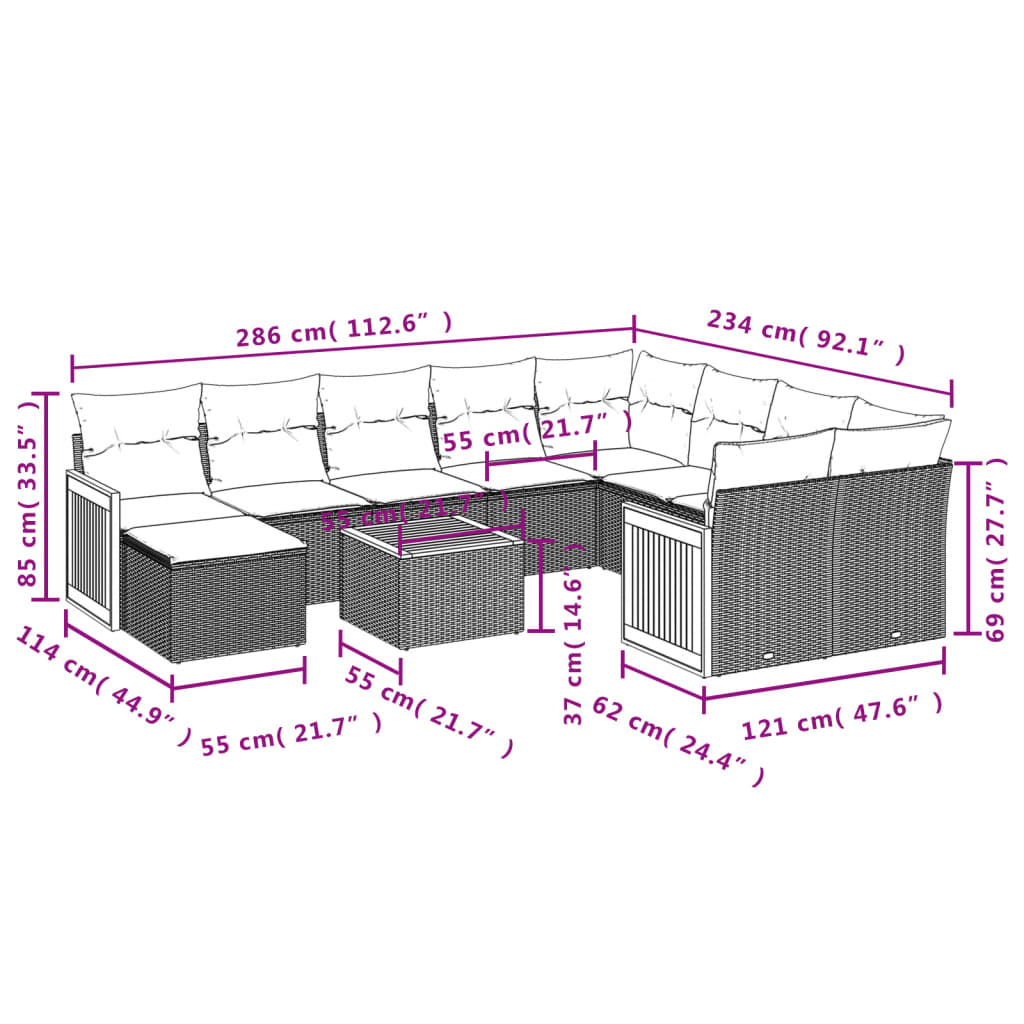 11-tlg. Garten-Sofagarnitur mit Kissen Grau Poly Rattan