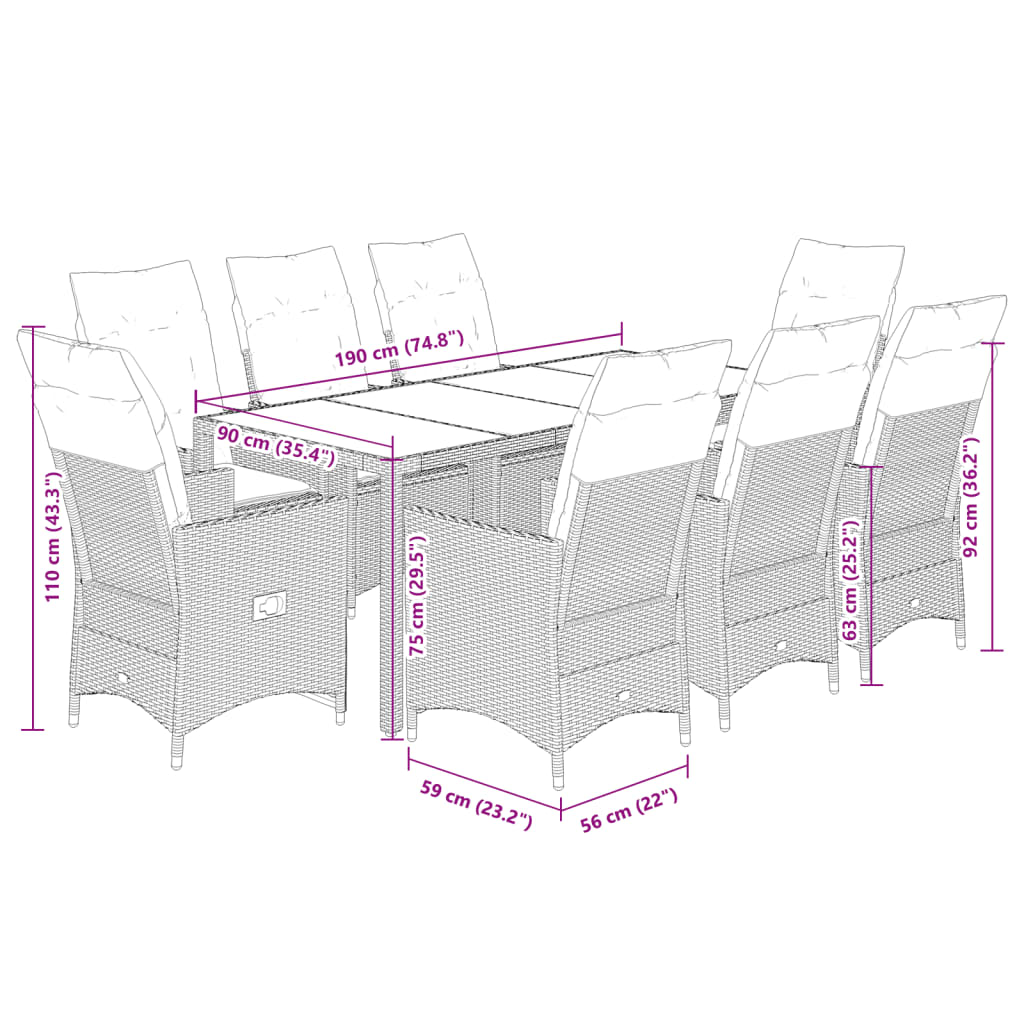 9-tlg. Garten-Essgruppe mit Kissen Schwarz Poly Rattan