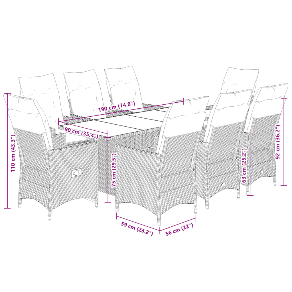 9-tlg. Garten-Essgruppe mit Kissen Schwarz Poly Rattan