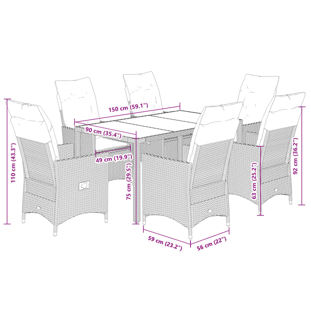 7-tlg. Garten-Essgruppe mit Kissen Beige Poly Rattan