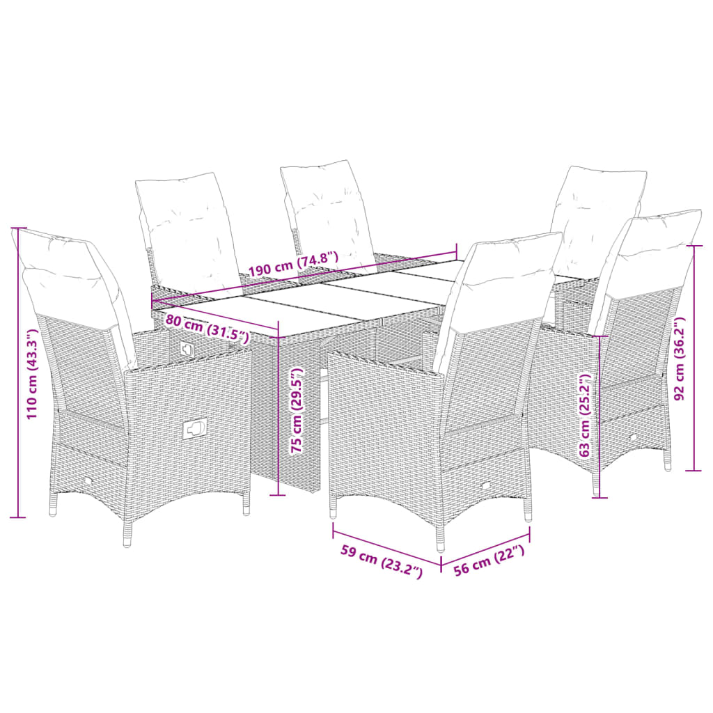 7-tlg. Garten-Essgruppe mit Kissen Beige Poly Rattan