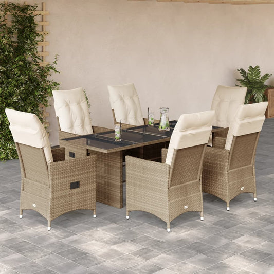 7-tlg. Garten-Essgruppe mit Kissen Beige Poly Rattan