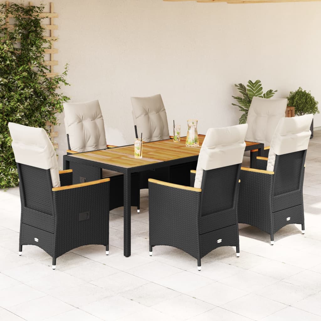 7-tlg. Garten-Essgruppe mit Kissen Schwarz Poly Rattan