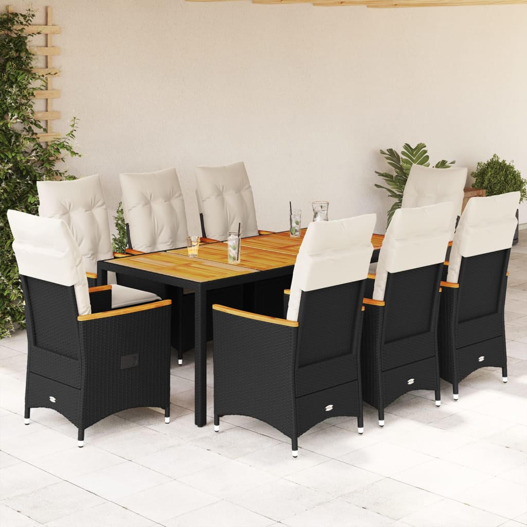 9-tlg. Garten-Essgruppe mit Kissen Schwarz Poly Rattan