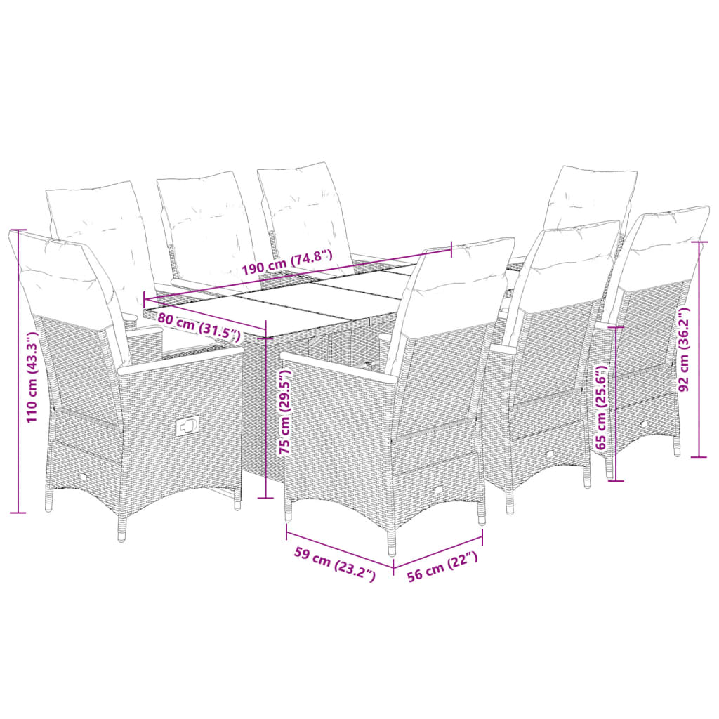 9-tlg. Garten-Essgruppe mit Kissen Schwarz Poly Rattan