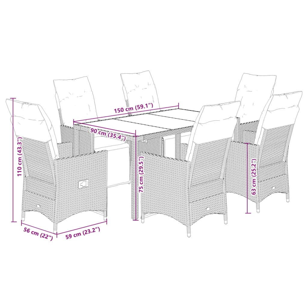 7-tlg. Garten-Essgruppe mit Kissen Schwarz Poly Rattan