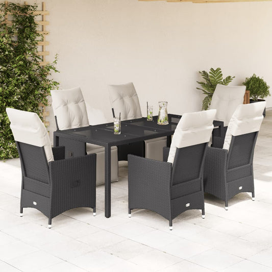 7-tlg. Garten-Essgruppe mit Kissen Schwarz Poly Rattan