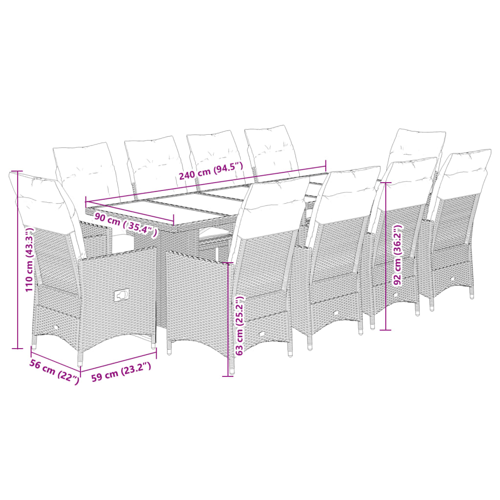 11-tlg. Garten-Bistro-Set mit Kissen Braun Poly Rattan