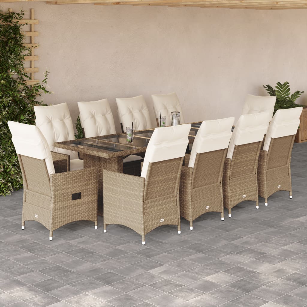 11-tlg. Garten-Bistro-Set mit Kissen Beige Poly Rattan