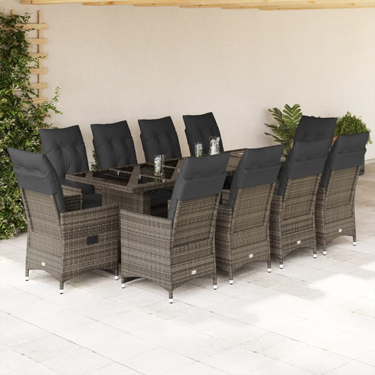 11-tlg. Garten-Bistro-Set mit Kissen Grau Poly Rattan