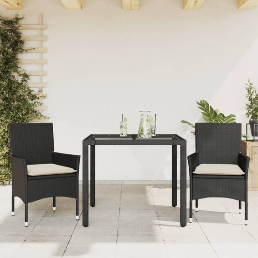 3-tlg. Garten-Essgruppe mit Kissen Schwarz Poly Rattan Glas