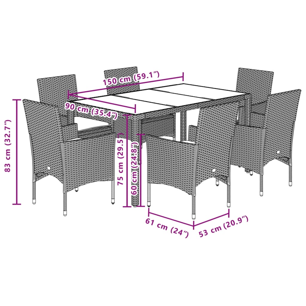 7-tlg. Garten-Essgruppe mit Kissen Schwarz Poly Rattan Glas