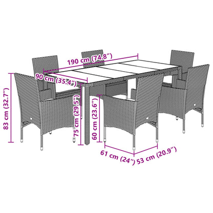 7-tlg. Garten-Essgruppe mit Kissen Schwarz Poly Rattan Glas