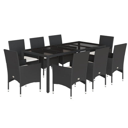 9-tlg. Garten-Essgruppe mit Kissen Schwarz Poly Rattan und Glas