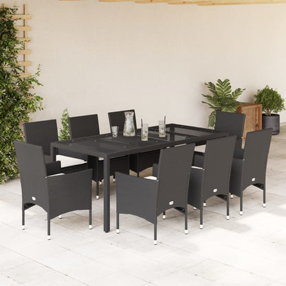 9-tlg. Garten-Essgruppe mit Kissen Schwarz Poly Rattan und Glas