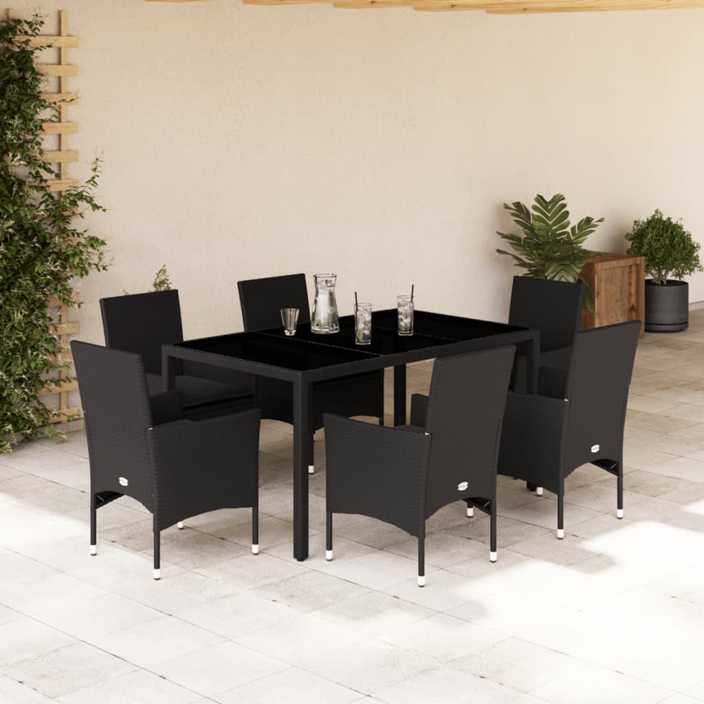 7-tlg. Garten-Essgruppe mit Kissen Schwarz Poly Rattan Glas