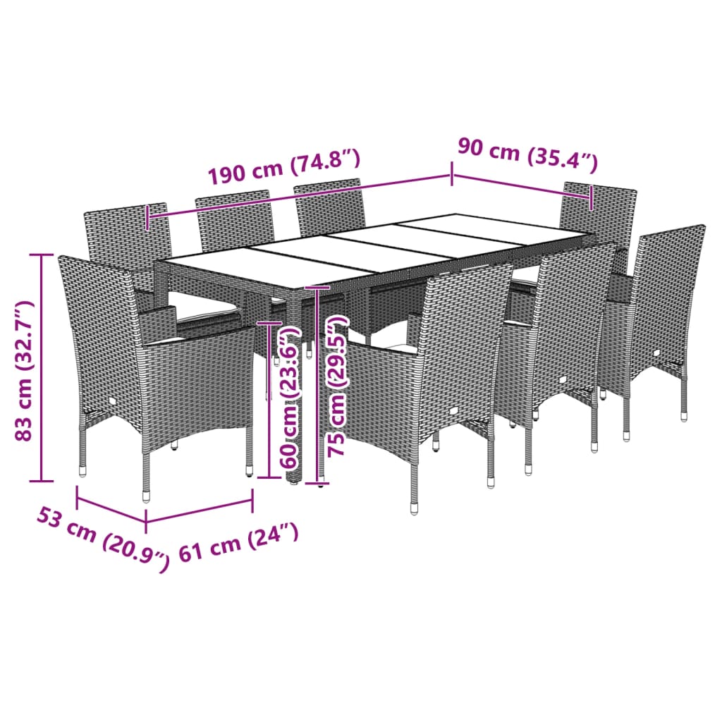 9-tlg. Garten-Essgruppe mit Kissen Schwarz Poly Rattan und Glas