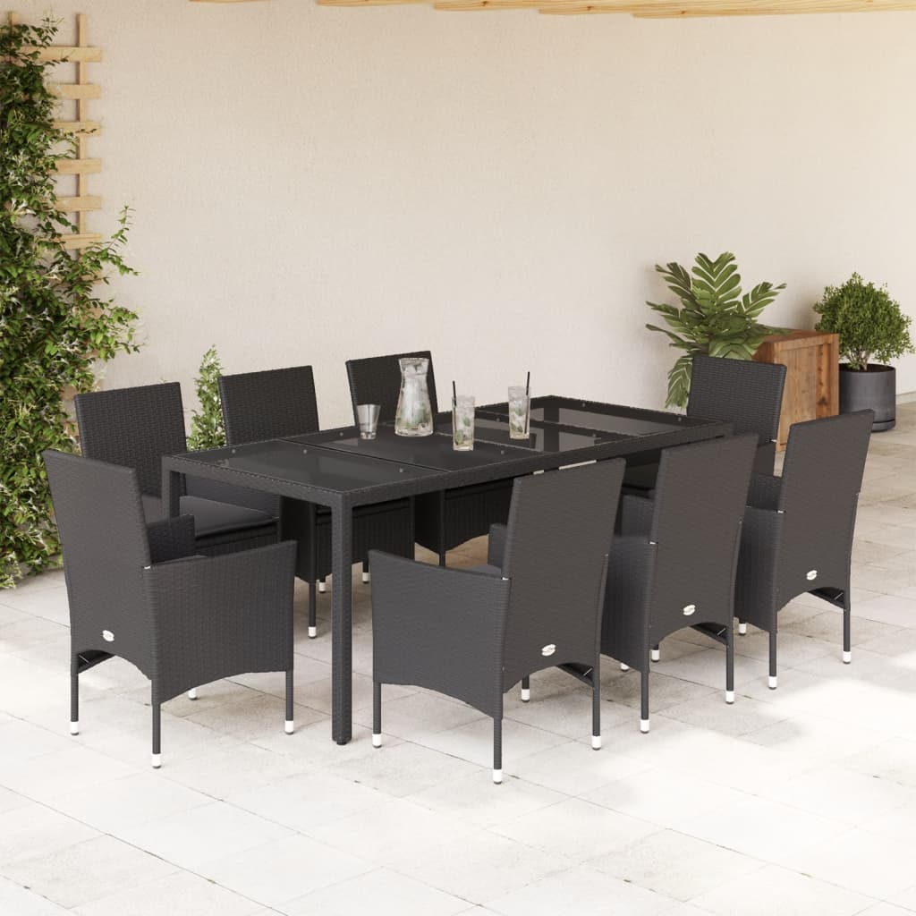 9-tlg. Garten-Essgruppe mit Kissen Schwarz Poly Rattan und Glas