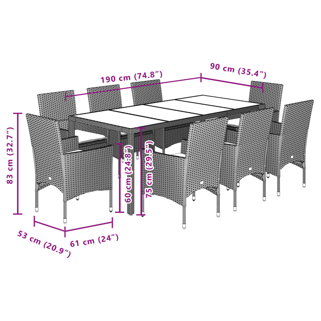 9-tlg. Garten-Essgruppe mit Kissen Braun Poly Rattan Glas