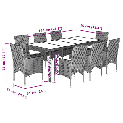 9-tlg. Garten-Essgruppe mit Kissen Braun Poly Rattan Glas