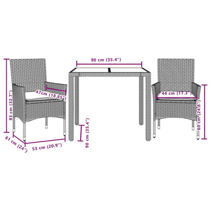 3-tlg. Garten-Essgruppe mit Kissen Grau Poly Rattan und Glas