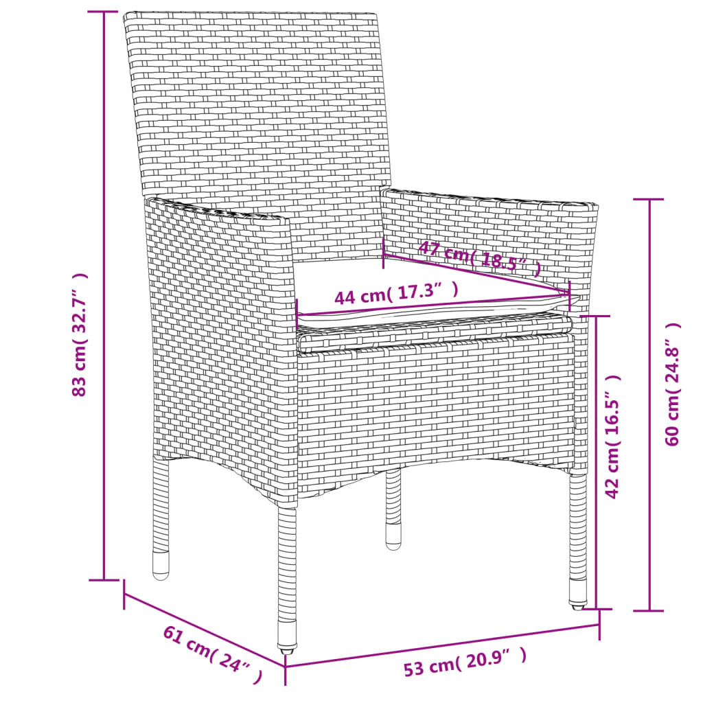 3-tlg. Garten-Essgruppe mit Kissen Grau Poly Rattan und Glas