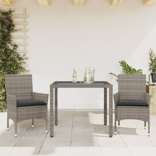 3-tlg. Garten-Essgruppe mit Kissen Grau Poly Rattan und Glas