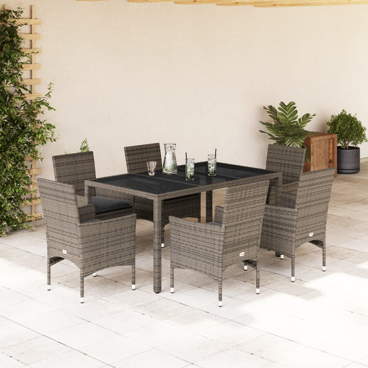 7-tlg. Garten-Essgruppe mit Kissen Grau Poly Rattan und Glas