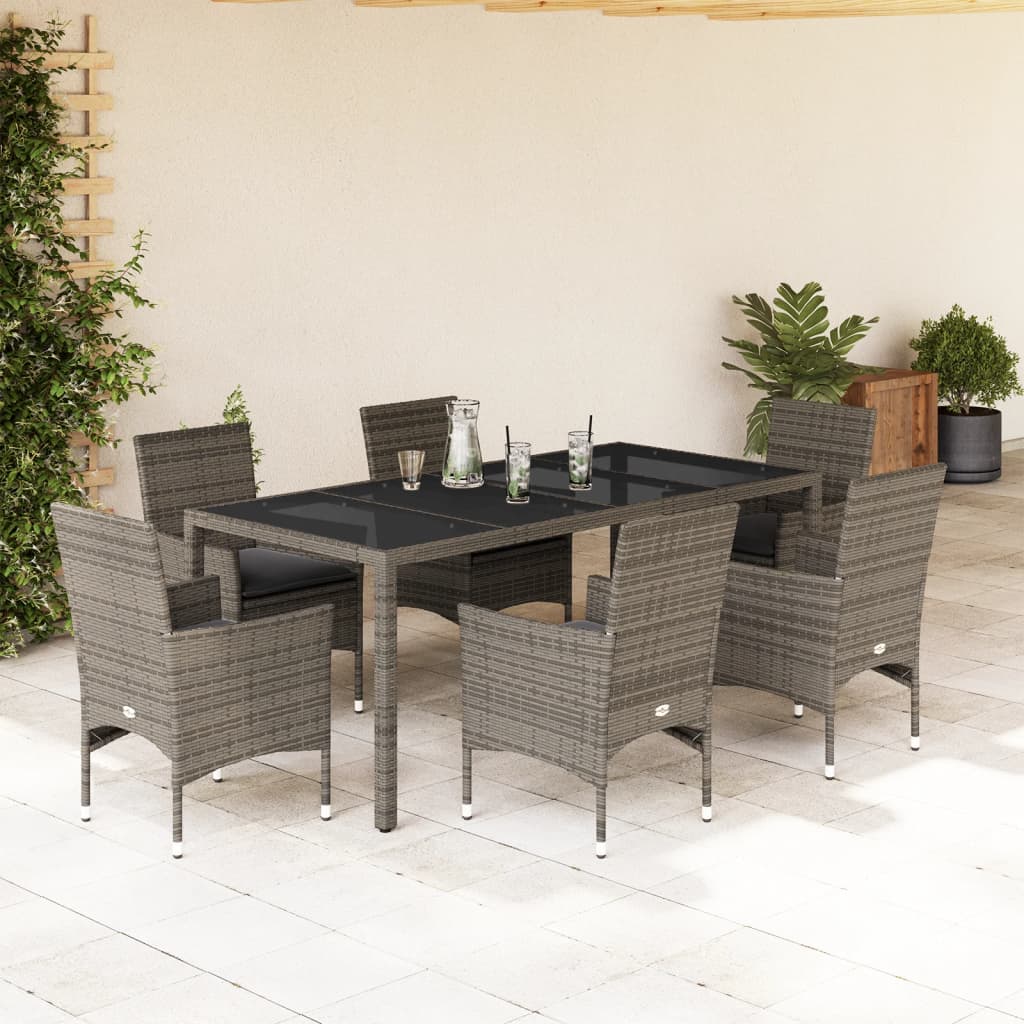 7-tlg. Garten-Essgruppe mit Kissen Grau Poly Rattan und Glas