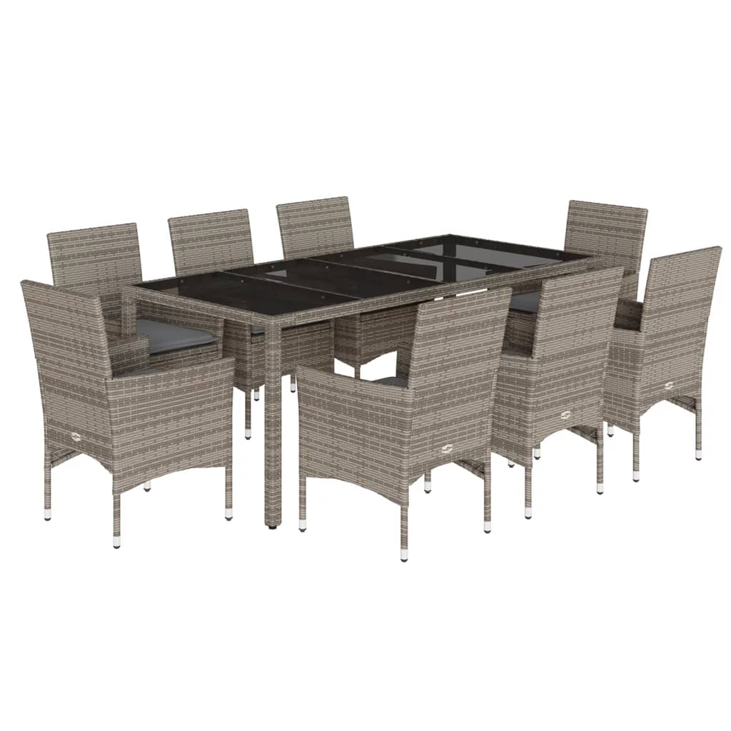 9-tlg. Garten-Essgruppe mit Kissen Grau Poly Rattan und Glas